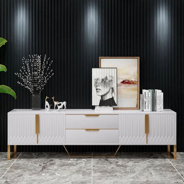 Modern White & Black TV Stand with 2 Drawers & Cabinets, Stainless Steel Feet - Media Console